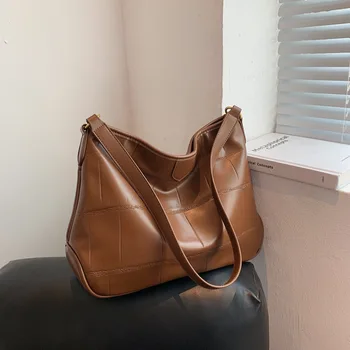 Дамска чанта от изкуствена кожа с голям капацитет, дамски чанти на рамо, високо качество на реколтата, дамски чанти-тоут, ежедневни нова чанта през рамо