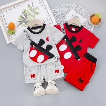 Летни Комплекти дрехи за малки момчета и момичета, тениска с джоб с изображение на Мики Маус + къси панталони, комплекти от 2 теми, детски костюми, костюм
