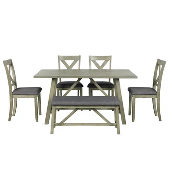 Маса за хранене от 6 теми, Дървена маса за хранене и столове, кухненска маса с маса, пейка и 4 стола, непринуден стил, сив