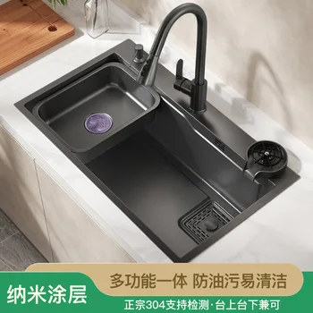 Мивка Nano Gun Голяма сива кухненска мивка с една мивка от неръждаема стомана, мивка за измиване на ръчно изработени, подвесная мивка, домакински