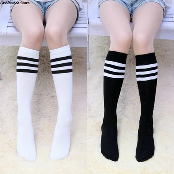 Памучни дамски чорапи до коляното в ивица от 3 линии, женски обикновена чорапи до коляното, ученически пособия за чирлидеров